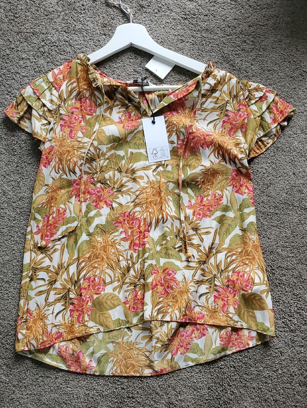Rose & Olive Floral Tie-Neck Flutter Sleeve Blouse in Pink & Mustard